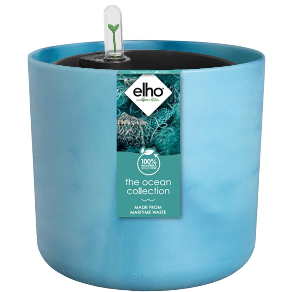 Elho Atlantic Blue The Ocean Collection Round 22 With Self-Watering Insert - Flowerpot With Watering Insert - 100% Recycled Plastic - Ø 22.3 X H 20.4 Cm - Blue