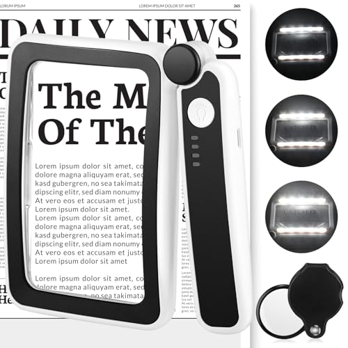 Rechargeable 4X Magnifying Glass with Light, gliship Large Full Page Magnifier for Reading Lightweight Handheld Design with Folding Handle Magnifying for Books Maps Crafts Small Print