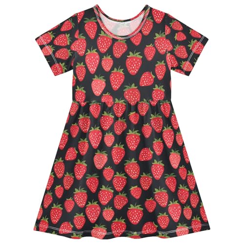 Summer Girl Dresses Strawberry on Black Toddler Short Sleeve A-line Dress Casual Sundress