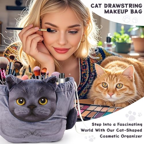Openhahaha Drawstring Makeup Bag, Cat Makeup Bag, Travel Makeup Organizer, Cosmetic Pouch Bag, Cat Gift for Women, Lay Flat Makeup Bag Gifts for Cat Lovers, NEW Blue Cat, Universal