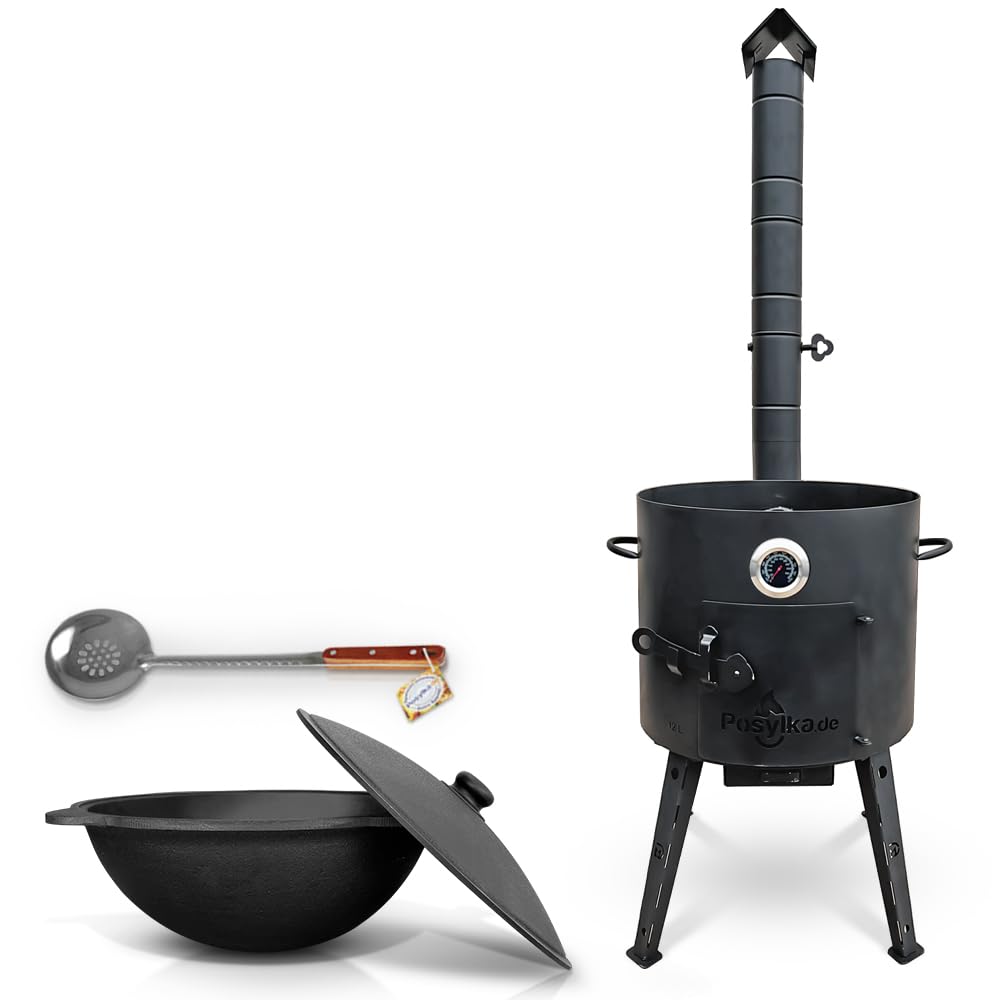 Utschak horno de fuego con termómetro olla de hierro fundido Kazan base redonda con tapa (12 L) espumadera 48 cm KazanOFF, Учаг, exterior, brasero, camping, Kazan, horno holandés con cañón