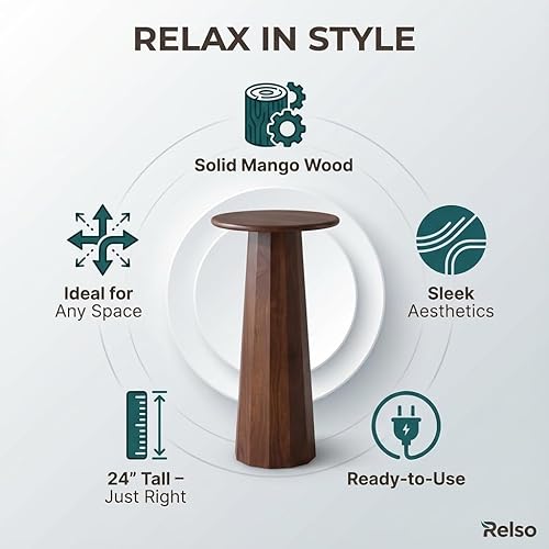 Miniatura 8 de Relso Enteka Mesa Auxiliar de Madera de Mango Maciza – Mesa Auxiliar de Acento de 24" de Alto con Acabado de Nogal | Mesa de Café Artesanal, Sin