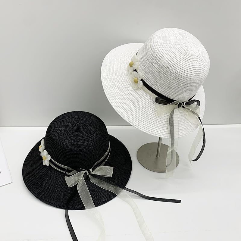 Sombrero de Paja de Verano para Mujer,Sombrero de Paja Tejido de ala Ancha con Protección UV y Lazo Floral de Encaje,Sombrero de Playa Transpirable para Exteriores,Viajes y Fiestas