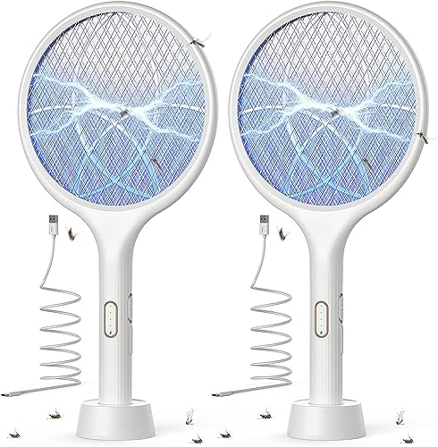 YISSVIC Raquette Electrique Insectes, 2 PCS Raquette Anti Moustiques Électrique 4000 V Rechargeable avec Base Stable Contre Moustiques Mouches Insectes...