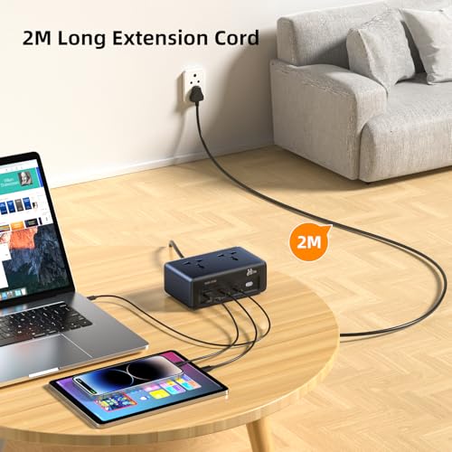 Image of Hoteon Extension Board with Surge Protection, 45W USB-C PD Fast Charging (GaN), 10A /2500W Spike Guard, 2 Universal Sockets, 2 Type-C + 1 USB-A, 2m Extension Cord with Indian 3-Pin Plug for Home /Office