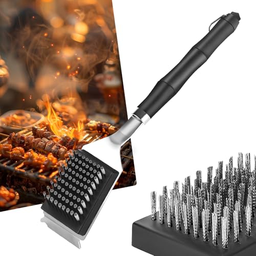 Zikenis Brosse de Barbecue en Acier Inoxydable avec Grattoir, 3 en 1 Brosse de Nettoyage pour Barbecue avec 2 Têtes de Brosse de Rechange, Poignée...