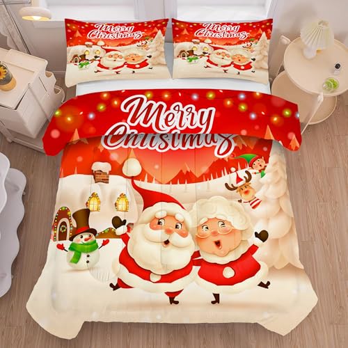 Christmas Comforter Set Full Size Red Plaid Bedding Sets Xmas Gift Christmas Themed Festival Winter Snow Quilt Set,1 Comforter + 2 Pillow Cases 3 Full