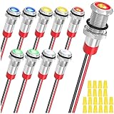 MKBKLLJY 10個 AC/DC12-24V LEDインジケータライト 1/4インチ(6mm) 防水フラットヘッドインジケータ信号ランプ 5色(赤/黄/青/緑/白) 150mmケーブル長金属LEDインジケータライトと配線キャップ付き