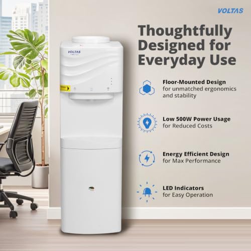 Image of Voltas Floor Mounted Water Dispenser, 3 Water Modes (Hot, Normal, Cold), ABS Body, White, Minimagic Wave FS, 20 litres