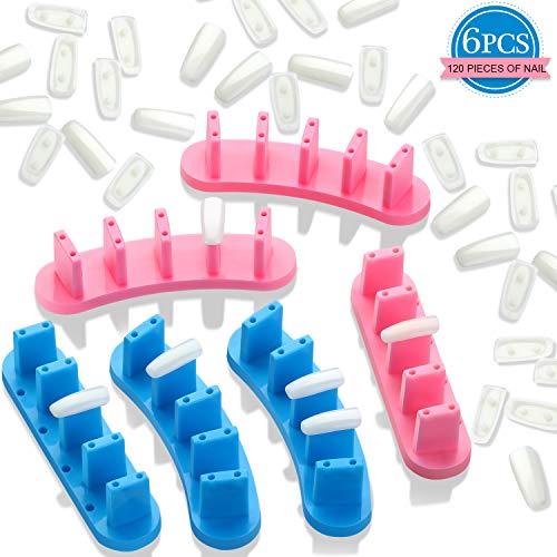 6 Pieces False Nail Practice Display Stands Plastic Nail Tip Practice Display Stand Holder with 120 Pieces Practice Acrylic False Nails, Nail Art Training Manicure Tools for Home Salon Supplies