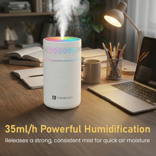 Image of Portronics Magma Lite Type-C Powered Humidifier with RGB Light, 260ml Water Tank, 35ml /h Mist Output, Continuous & Intermittent Modes, One-Button Control, for Home, Car & Bedside (Water Use Only)