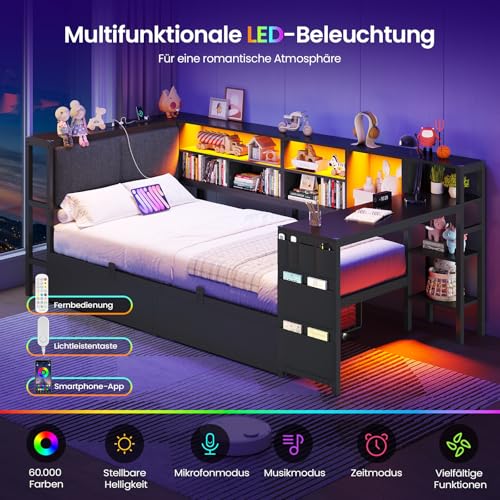 Brinlawb Schlafsofa mit LED-Beleuchtung und Ladestation, Jugendbett 90x190 cm mit einem 35x112cm Tisch und zwei großen Schubladen, Bett 90x190 Tagesbett mit polsterter Rückenlehne am Kopfteil, Schwarz