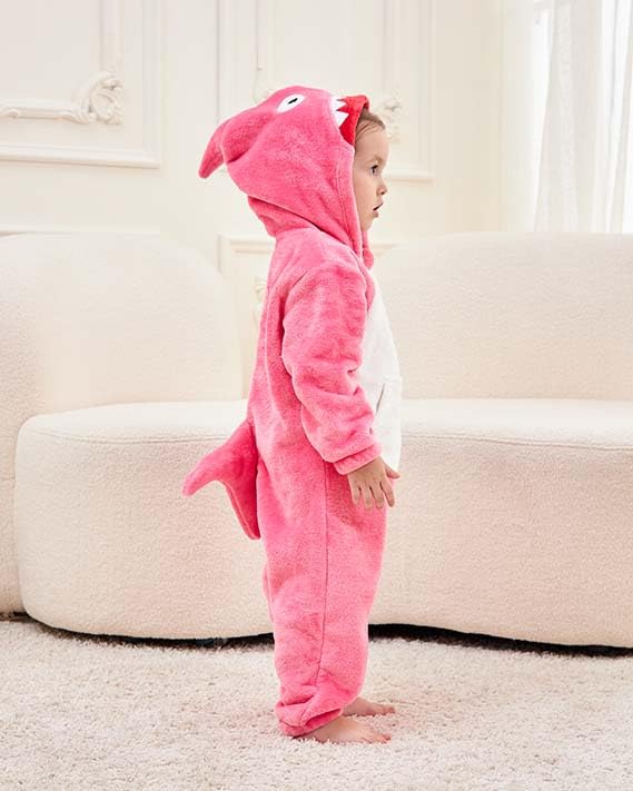 LOLANTA Kids Shark Costume, Animal Boys Union Suit, One-Piece Bodysuit Hooded Flannel Fancy Dress, Pink, 1-2 Years, Tag XS - Image 3