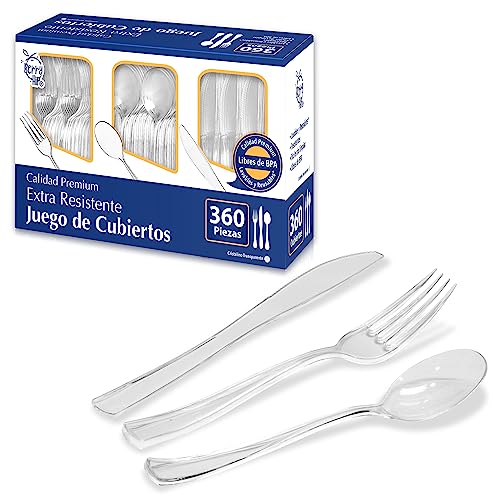 Berry Hip Juego de Cubiertos Premium Reutilizables, 360 piezas Transparentes. Contiene 180 tenedores, 120 cuchillos y 60 cucharas. Elegantes, Perfectos para...