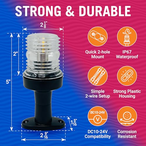 Image of Boat Anchor Light, 5 inch LED Stern Light, USCG Tested Waterproof Marine | Navigation Light, 3NM White All-Around Lighthouse, LED Accessory for Boats