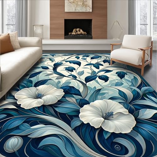 Design&I Low Pile Flatwoven Area Rug 5x7, Art Nouveau Inspired Floral Scrollwork with Curved Leaf Details, Machine Washable, Stain Resistant Indoor Rug for Living Room, Bedroom, Non Slip(Blue, 5x7)