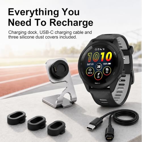 Garmin Forerunner 265 Running GPS Smartwatch, AMOLED Display, 46mm, Black/Powder Gray, 010-02810-00 - Bundle w/Deco Essentials Charging Dock, Dust Cover and USB-C Cable
