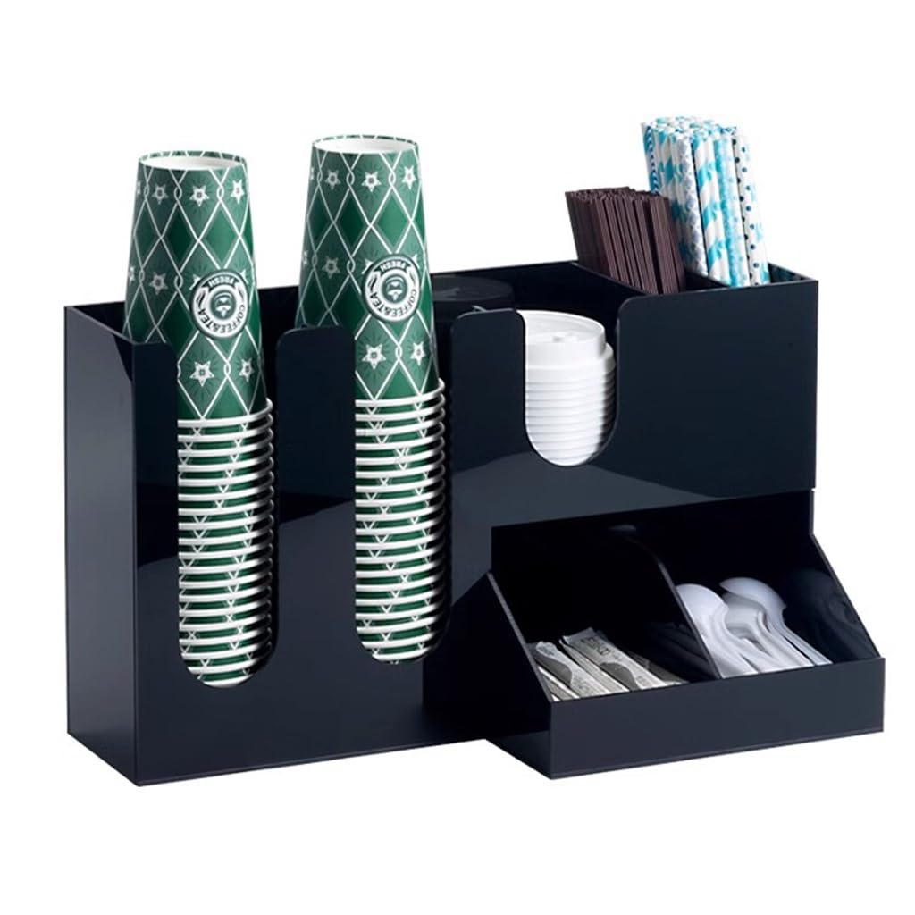 Organizer na kawę, uchwyt na pokrywkę ze stali nierdzewnej, akrylowy organizer na 7 kubków do kawy, czarny, 41,5 x 18,5 x 24,5 cm