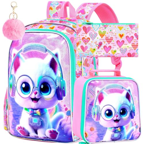 Image of AGSDON 3PCS Backpack for Girls, 16 inch Little Kids Cat Preschool Bookbag, Elementary Backpacks and Lunch Box - Purple