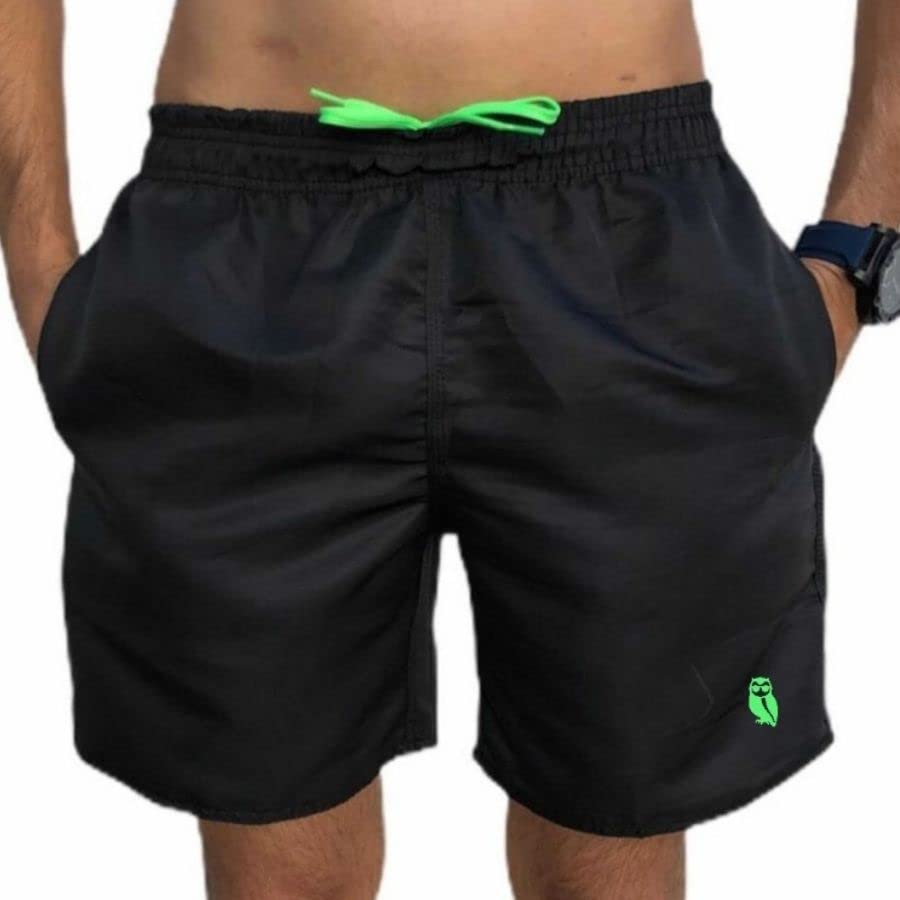 Bermuda Masculina Moda Praia Short Tactel Viagem (as2, alpha, x_l, regular, regular, Preto Coruja Verde)