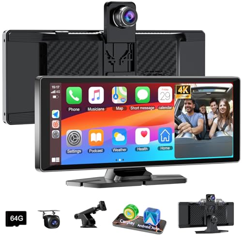 10.26" Wireless Car Play Screen for Apple Carplay& Android Auto, Touchscreen with 4K Front(350° rotatable) &1080P Rear Camera,Loop Recording,Bluetooth,FM,AUX,Mirror Link,GPS Navigation for Most Models