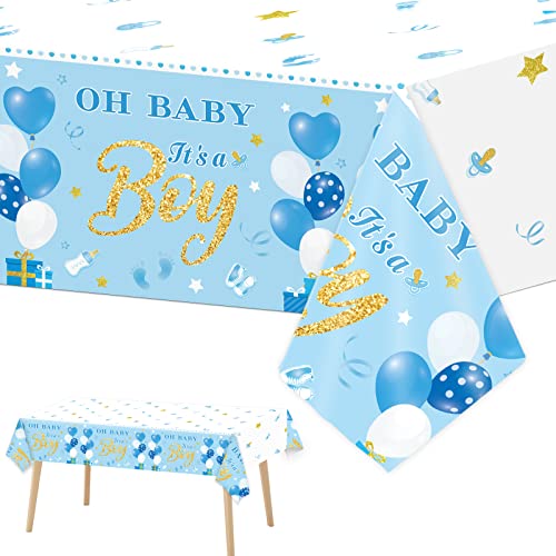 Image of Tevxj 3 Pack Baby Shower Tablecloths Plastic Blue Baby Boy Shower Decorations Gender Reveal Party It's A Boy Table Covers for Baby Boy Birthday Shower Party Supplies, 54 x 108 Inch