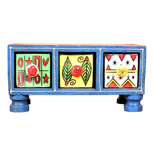 Image of Rectangular Lacquered 3-Drawer Wooden Chest with Ceramic Drawers (Standard Size, Multicolour)