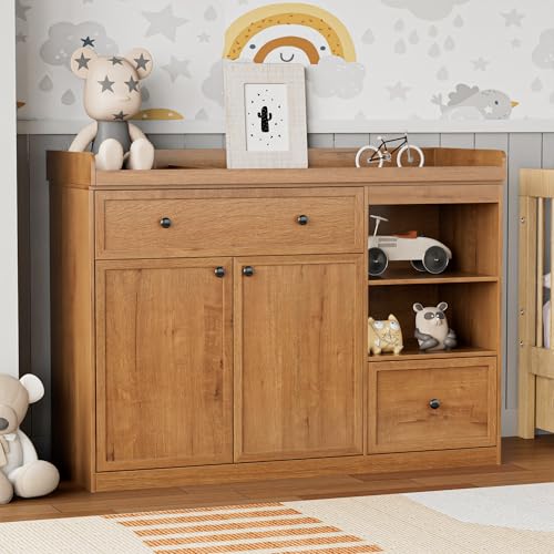 Wide Changing Table with 2 Doors 2 Different Size Drawer&Storage Cubbies Durable Wood Construction Built-in Shelves for Ample Storage (Natural)