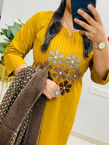 Image of BHARVITA Women's Cotton Embroidered Anarkali Kurta and Palazzo with Dupatta Set | A-line fit
