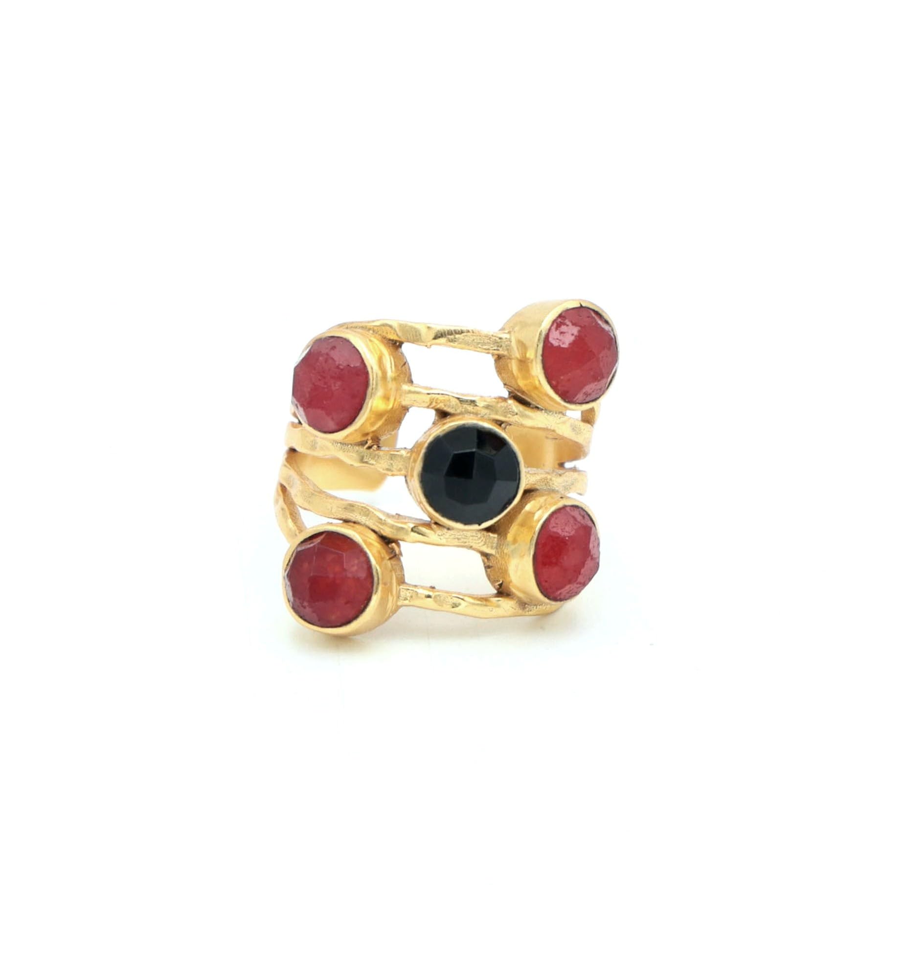 Handmade Red Jade & Black Onyx Ring 6mm – Multicolor Adjustable Gold-Plated Statement Gemstone Ring-image-31