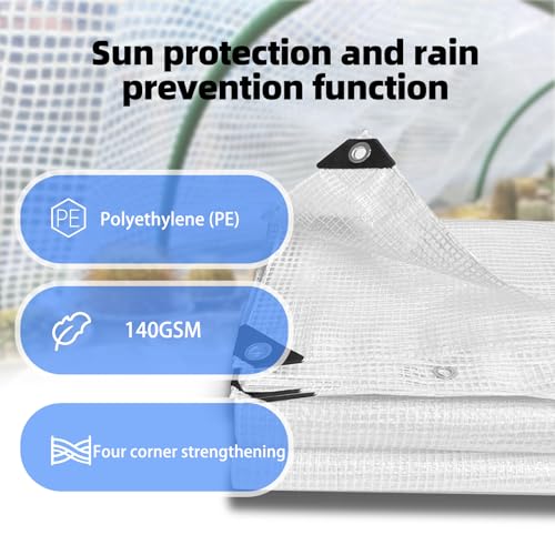 Clear Tarpaulin Waterproof Heavy Duty Greenhouse Grid Tarpaulin Outdoor Polythene Plastic Sheeting 140GSM Transparent Tarp Cover With Eyelets For Protection Plant Garden Furniture Firewood (2m x 6m) - Image 3