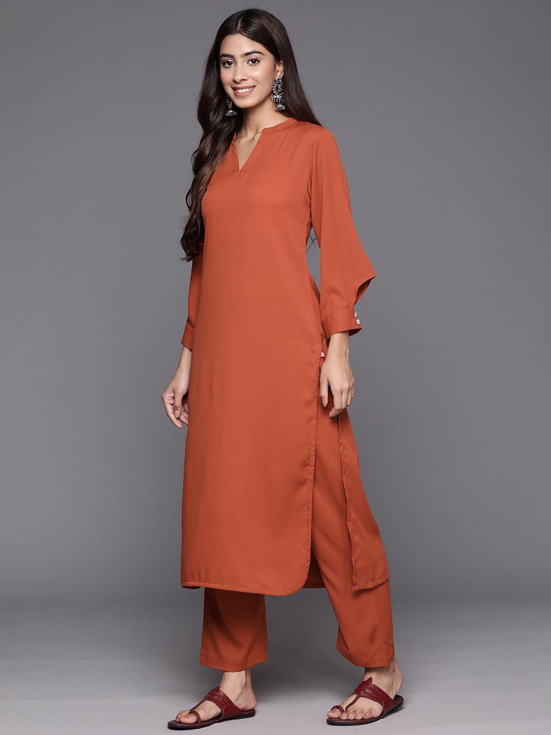 Varanga Women Rust Long Sleeves With Smart Cut Cuff, Straight Kurta Paired With Tonal Solid Bottom