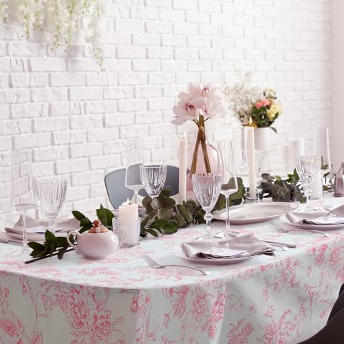 Image of Ganeen 6 Pcs Pink Floral Plastic Tablecloth 84 Inch Round Vintage Floral Tablecloth Disposable Round Flower Waterproof Table Covers for Birthday Wedding Baby Shower Picnic Dinner Party Decoration