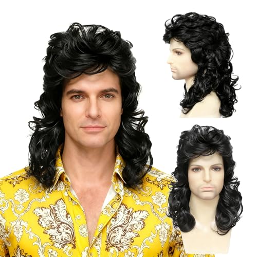 FOUNSHO Peruca preta Mullet para homem mulher, 70s 80s Mullet longa encaracolado peruca punk disfarces carnaval halloween carnaval perucas de estrela de rock festa acessórios (preto)
