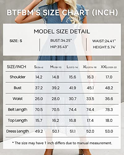 Btfbm Women Summer Bohemian Floral Casual Wrap V Neck Ruffle Cap Sleeveless Belt A-Line Pleated Hem Swing Midi Sun Dress (Swiss Dot Grey Blue, S) #TOP5