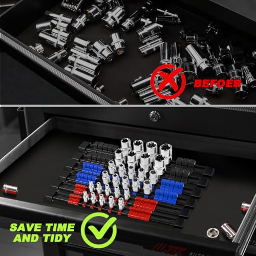 Image of 6 Pcs Socket Organizer Rail Set, Premium Socket Holder, Heavy-Duty Socket Rack Kit With 86 Clips 1 /4-Inch x 32 Clips, 3 /8-Inch x 30 Clips, 1 /2-Inch x 24 Clips - Ideal for Tool Storage