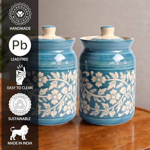 Image of Sky Blue Floral Ceramic Handglazed Pickle Jars Set of 2-1000 ML Each | 1 kg Achaar Martban Barni Jar with Lid | Ceramic Storage Jar Container Pickle, Chatney