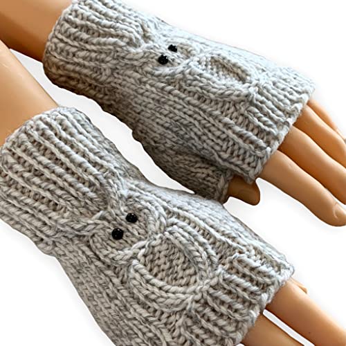Hand Knit Adult Owl Fingerless Gloves Mittens Mitts – Knitted Granny Gloves with Owls for Warm Hands – Handmade Gift for Women Wife Girlfriend – Handcrafted Hand Warmers