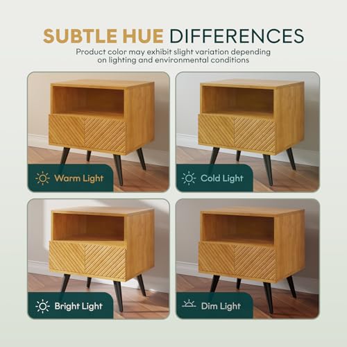 Image of Bme Rhombus Wooden Nightstand with Storage Drawer - Solid Rubber Wood, Geometric Rhombus Pattern Front, Modern Scandinavian Side Table with Metal Base for Bedroom