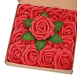 BLEUM CADE 16Pcs Artificial Flowers Fake Roses with Stems, Red Boxed Foam Roses for DIY Bouquets Centerpieces Wedding Party Arrangement Bridal Shower Decor