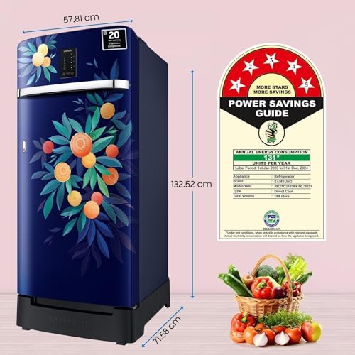 Image of Samsung 189 L, 5 Star, Digi-Touch Cool Digital Inverter, with Display Direct-Cool Single Door Refrigerator (RR21C2F25NK /HL,Orange Blossom Blue, Base Stand Drawer)