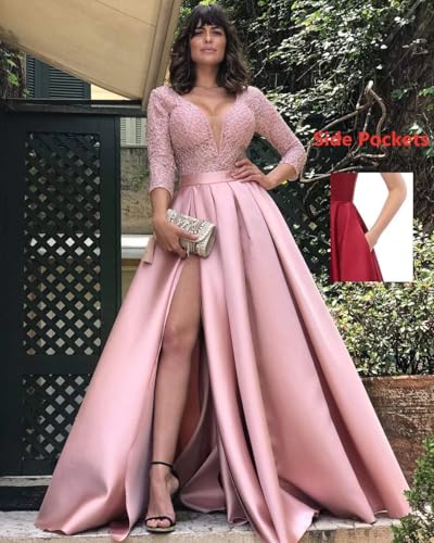 Prom Dresses with Slit Pocket V Neck Lace Long Ball Gown 3/4 Sleeves Satin Formal Party Gowns2