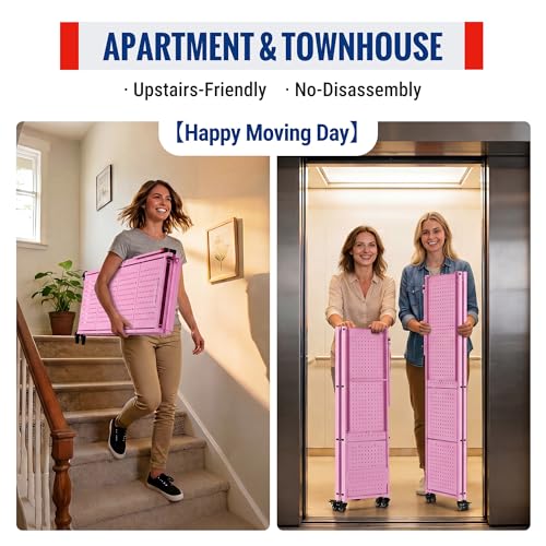 Image of WORKPRO 4-Tier Folding Shelf, No-Assembly Metal Storage Rack with Wheels, 600 lbs Capacity (with Leveling Feet), Collapsible Shelving Unit for Kitchen, Pantry, Closet & Craft Shows - Pink