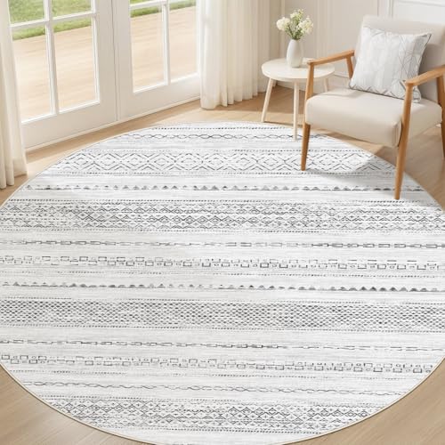 Nakagishi Round Rug Boho Area Rugs: 6x6 Washable Large Circle Neutral Soft Stain Resistant Non-Slip Carpet for Women Aged 25-45 Farmhouse Decor Enthusiasts - Living Room Bedroom Dining Room Nursery