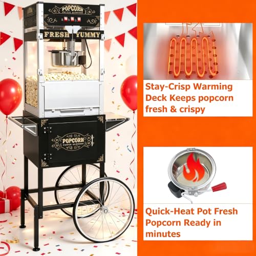 Image of 28Oz Commercial Popcorn Machine With Wheels - Stainless Steel Kettle Vintage-Style Popper Cart On Wheels With Tempered Glass Pop-corn Machine Maker For Home, Parties, Movie Theater (Black, 28oz) | 28OZ Stainless Steel Kettle, Tempered Glass Professional Pop Corn Maker, Large Capacity for Hallloween, Wedding Party, Office