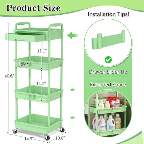 Image of SUNALLY 4 Tier Rolling Utility Cart with Drawer, Storage Organizer Cart with 2 Lockable Wheels, Multifunctional Rolling Storage Cart for Bathroom, Kitchen, Craft, Makeup, Baby Essentials, Green