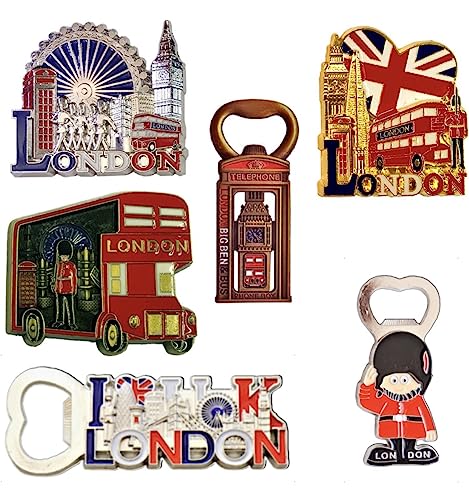 6 London Souvenir Magnets - London Metal Fridge Magnets - London Bottle Opener Magnet - British England Souvenirs Magnet - Union Jack Magnet - UK Gift Magnets