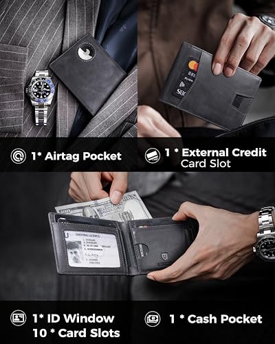 Image of Mens Wallet With AirTag Holder, Bifold Vintage Leather RFID Blocking Mininalist Front Pocket, ID Windows, Card Holders, Gifts for Men, AirTag Not Included