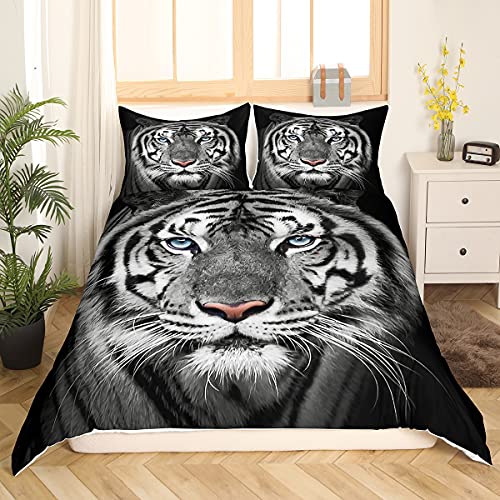 Black White Tiger Bedding Sets African Safari Animals Comforter Cover Tiger Head Print Duvet Cover Set For Kids Boys Adults Big Cats Wildlife Bedspreads Cover 2 Pieces Bedroom Decor Twin Size #TOP20