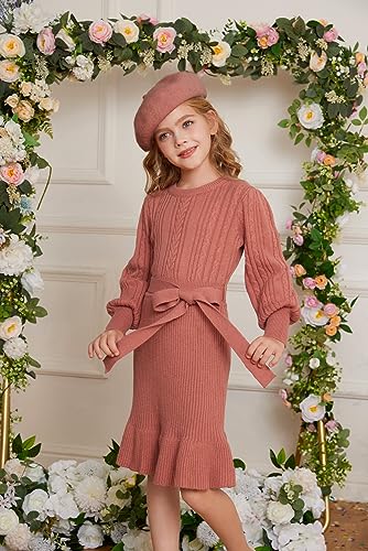 GRACE KARIN Girls Sweater Dress Cable Knit Long Sleeve Fall Winter Dress for Girl with Belt Sizes 6-144